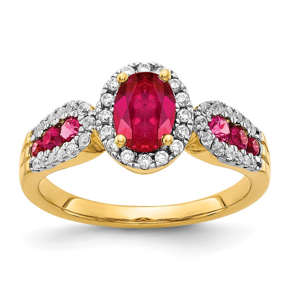 14K Gelbgold Ring mit echten Diamanten und ovalem Rubin