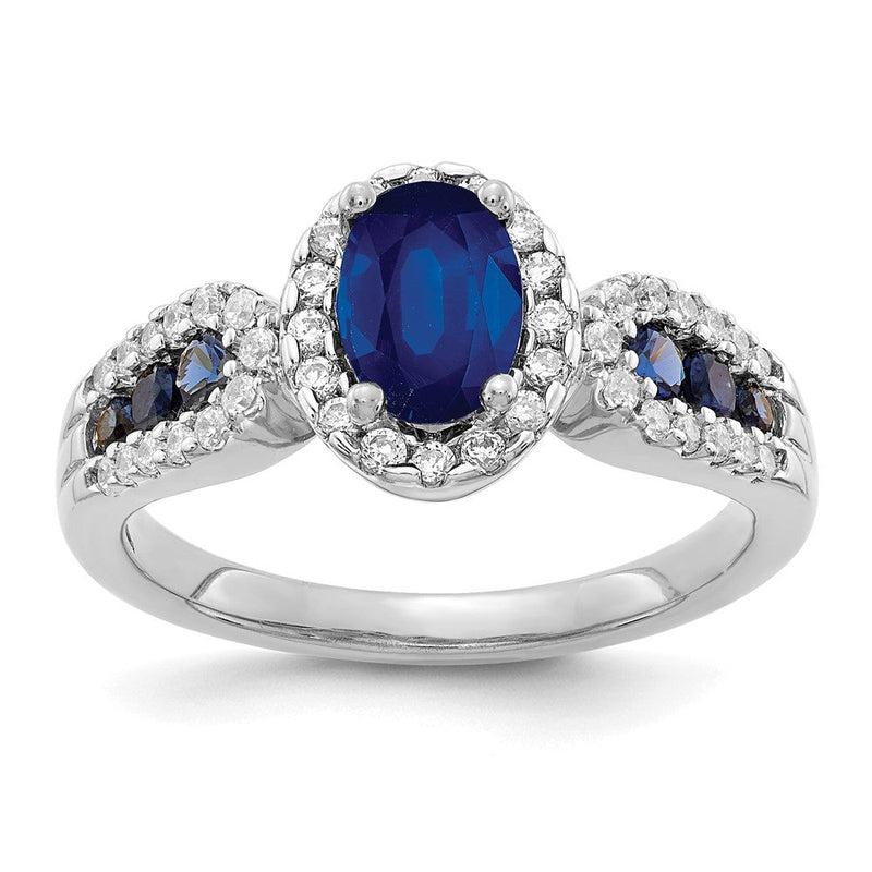 14K Weißgold Ring mit ovalem Saphir und Diamanten