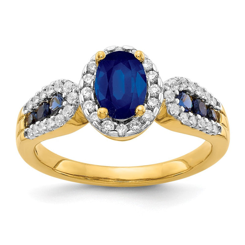 14K Gelbgold Ring mit natürlichen Diamanten und ovalem blauem Saphir