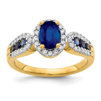 14K Gelbgold Ring mit echten Diamanten und ovalem Saphir