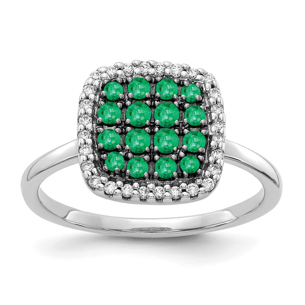 14K Weißgold Ring mit echten Diamanten und Smaragden