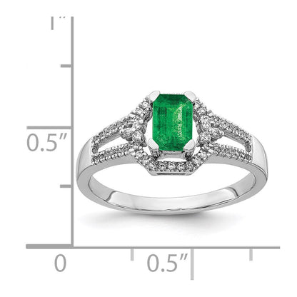 14K Weißgold Ring mit echten Diamanten und Smaragd