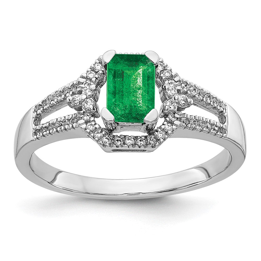14K Weißgold Ring mit echten Diamanten und Smaragd