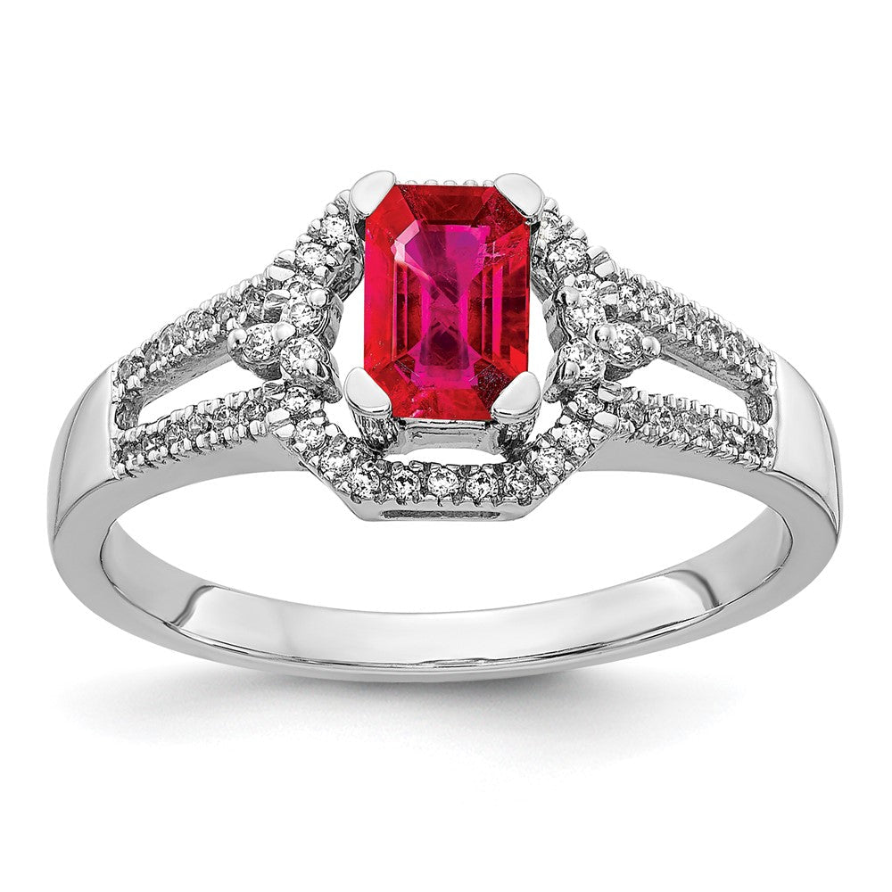 14K Weißgold Ring mit echten Diamanten und Rubinen