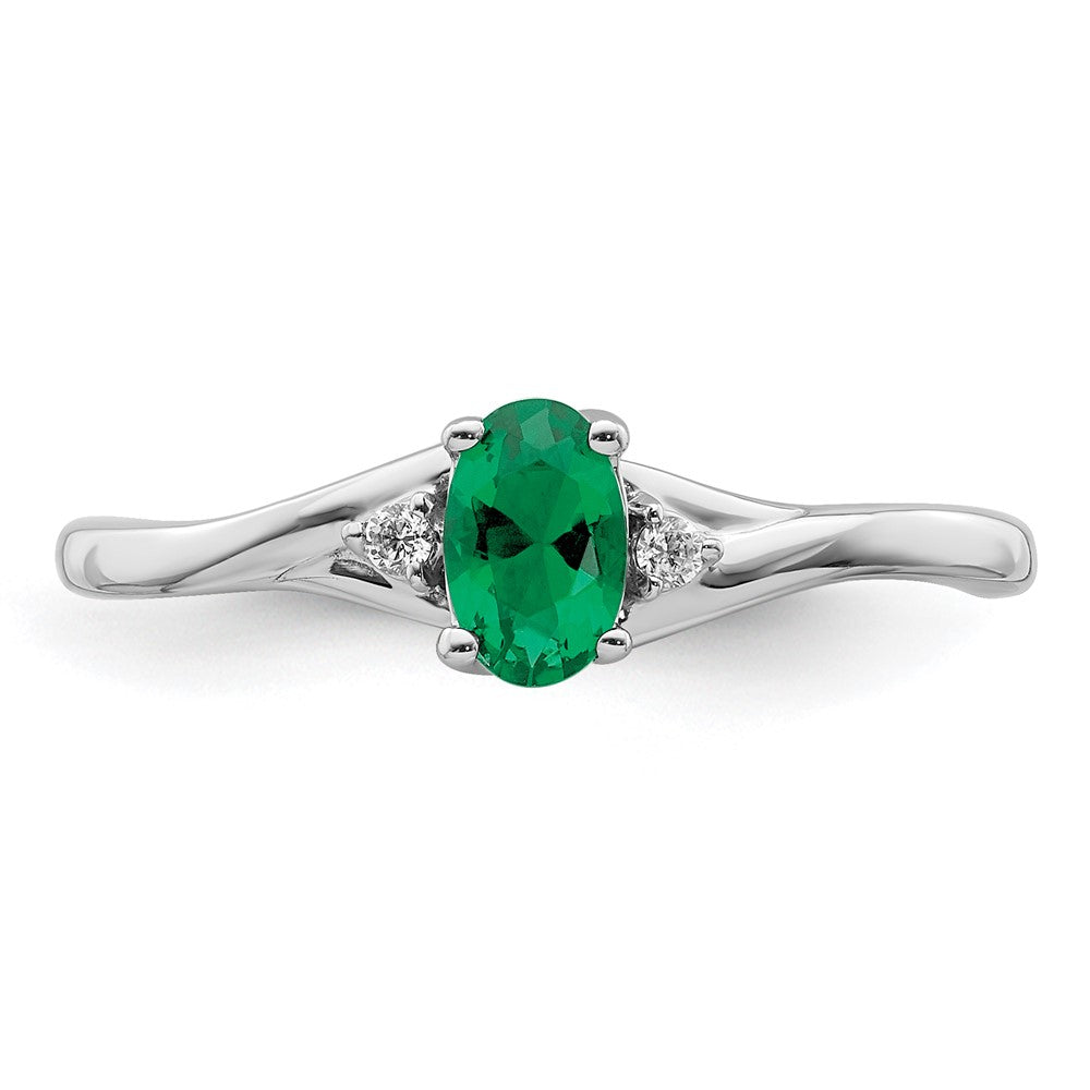 14K Weißgold Ring mit echten Diamanten und ovalem Smaragd