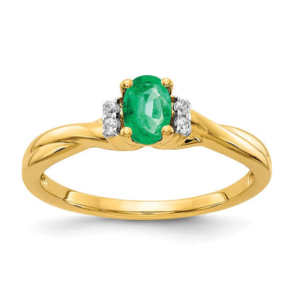14K Gelbgold Ring mit echten Diamanten und ovalem Smaragd