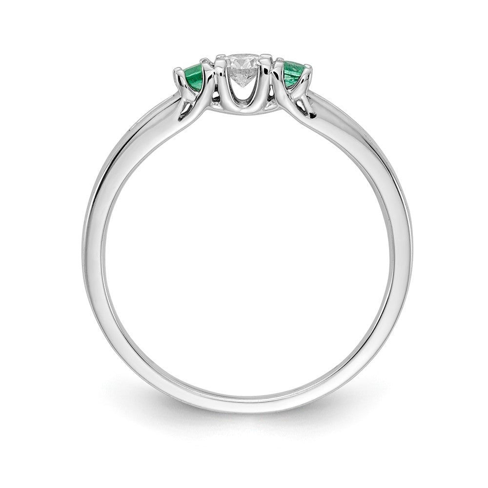 14K Weißgold Ring mit echten Diamanten und Smaragden im 3-Stein-Design