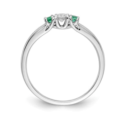 14K Weißgold Ring mit echten Diamanten und Smaragden im 3-Stein-Design