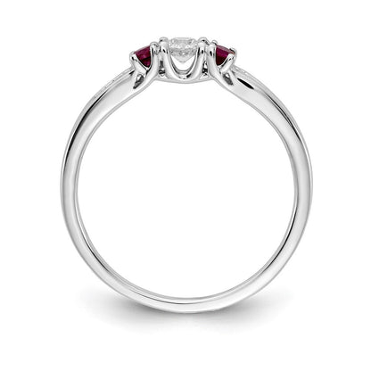 14K Weißgold Ring mit echten Diamanten und Rubinen, 3-Stein