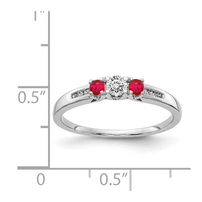 14K Weißgold Ring mit echten Diamanten und Rubinen, 3-Stein