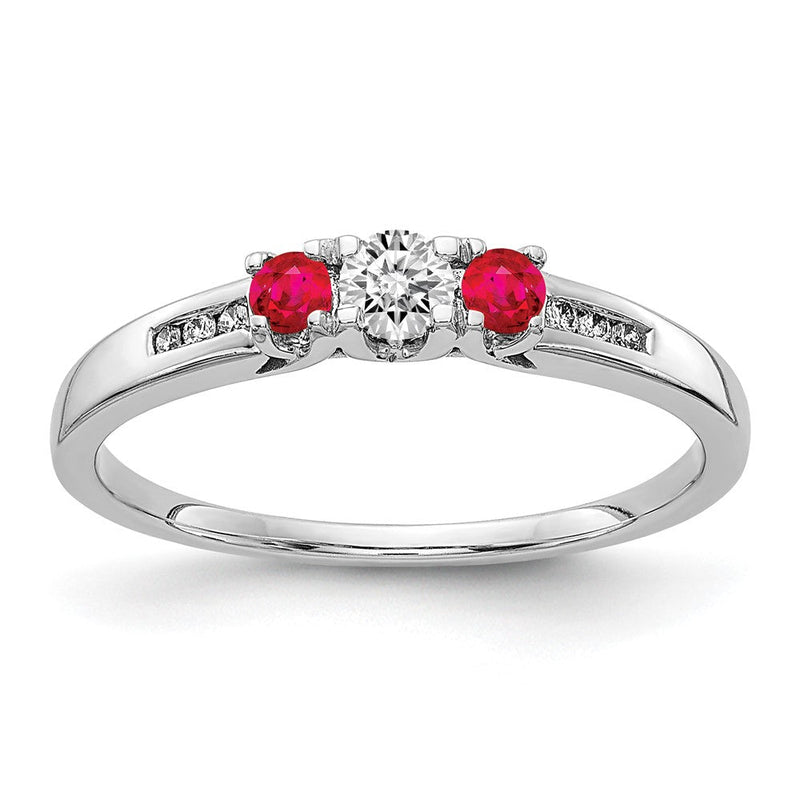 14K Weißgold Dreistein-Ring mit natürlichen Diamanten und Rubin