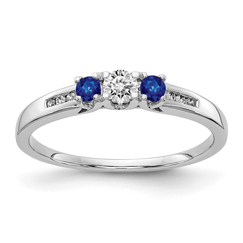 14K Weißgold Ring mit echten Diamanten und Saphir, 3-Stein