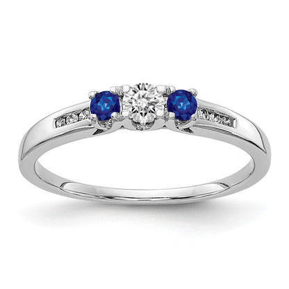 14K Weißgold Ring mit echten Diamanten und Saphir, 3-Stein