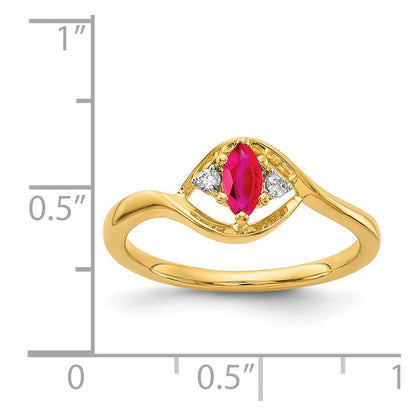 14K Gelbgold Ring mit echtem Diamant und Rubin im Marquise-Schliff