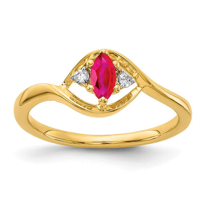 14K Gelbgold Ring mit echtem Diamant und Rubin im Marquise-Schliff