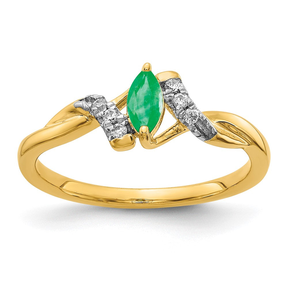 14K Gelbgold Ring mit echten Diamanten und Marquise-Smaragden