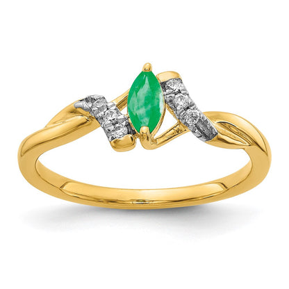 14K Gelbgold Ring mit echten Diamanten und Marquise-Smaragden