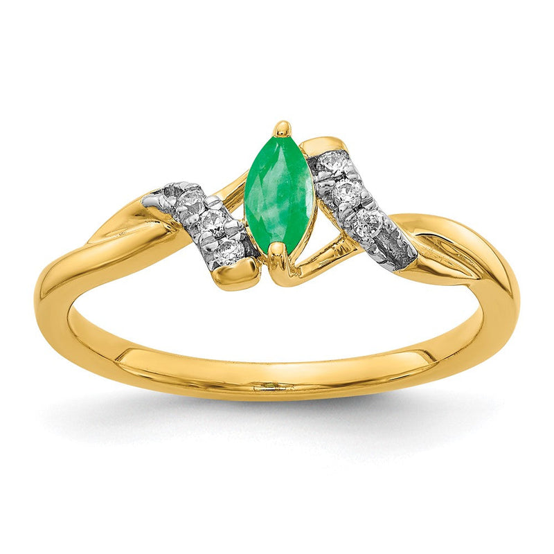 14K Gelbgold Ring mit echten Diamanten und Marquise-Smaragden