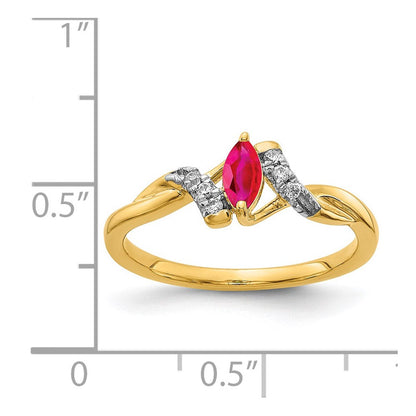 14K Gelbgold Ring mit echten Diamanten und Rubinen im Marquise-Schliff