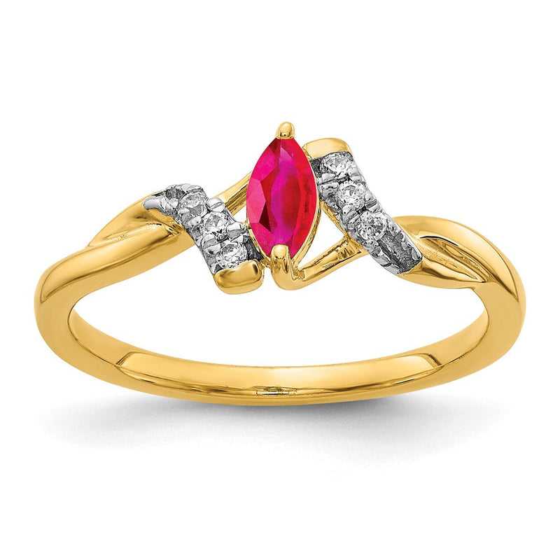 14K Gelbgoldring mit natürlichem Rubin im Marquise-Schliff und Diamanten