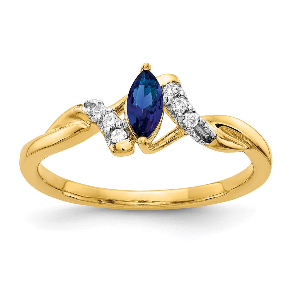 14K Gelbgold Ring mit echtem Diamant und Saphir im Marquiseschliff