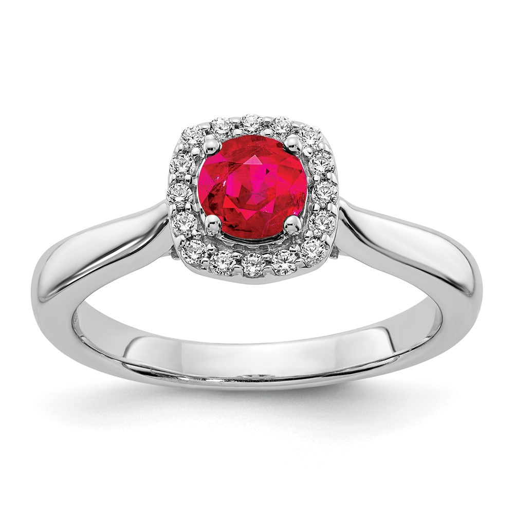 14K Weißgold Ring mit echtem Diamant und Rubin, Halo-Fassung
