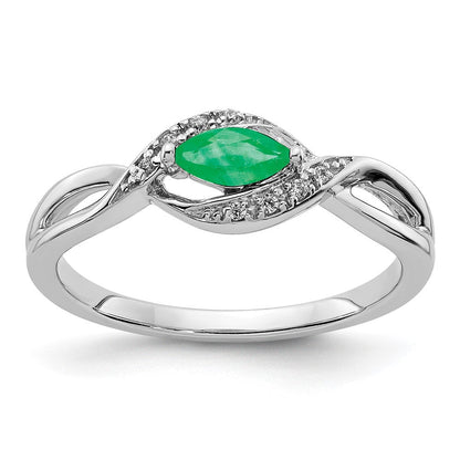 14K Weißgold Ring mit echtem Diamant und Smaragd im Marquiseschliff