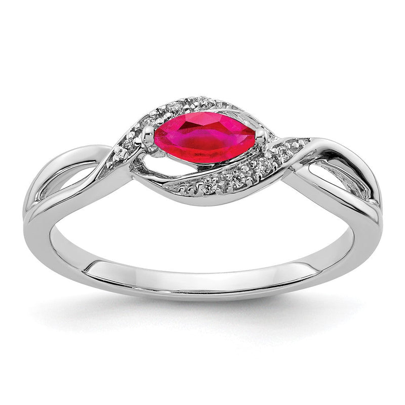 14K Weißgold Ring mit natürlichem Rubin im Marquise-Schliff und Diamanten