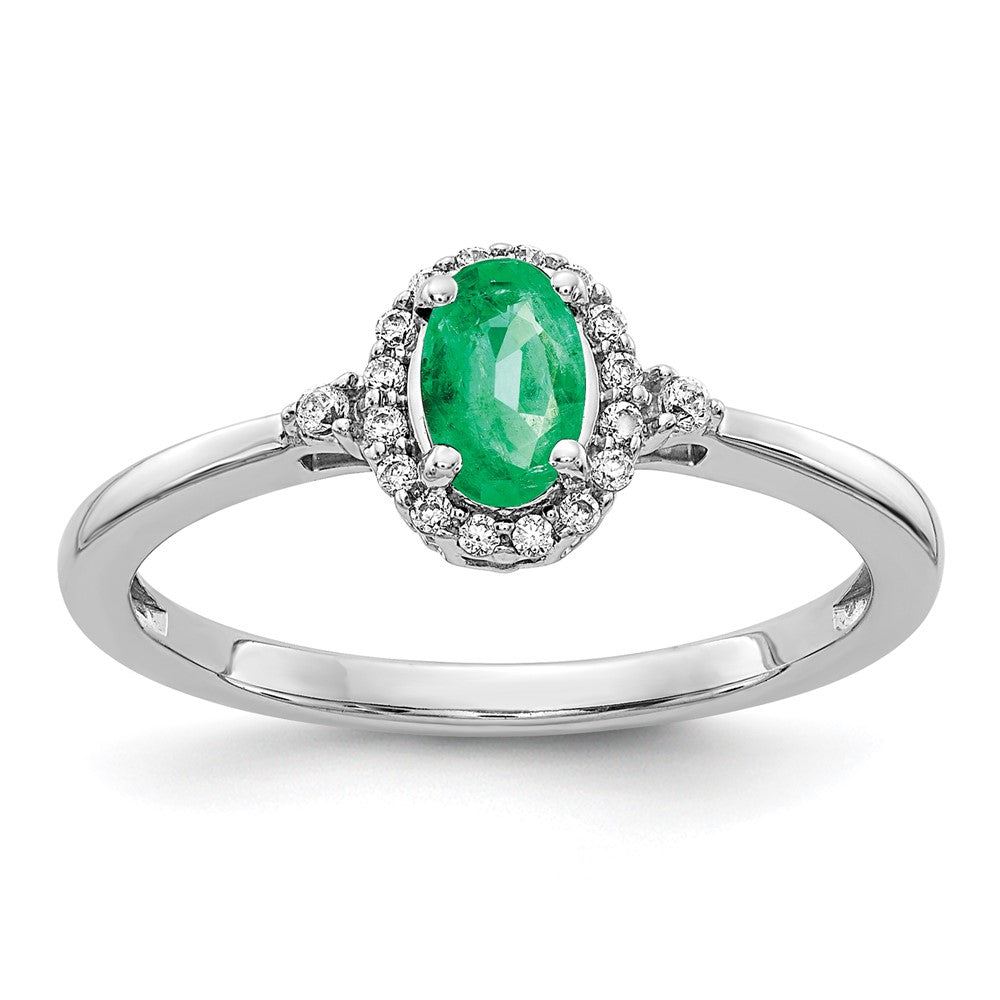 14K Weißgold Ring mit ovalem Smaragd, Diamant-Halo und echten Diamanten