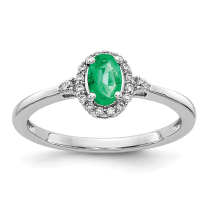 14K Weißgold Ring mit ovalem Smaragd, Diamant-Halo und echten Diamanten