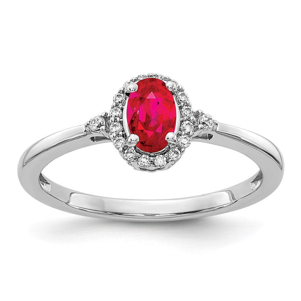 14K Weißgold Ring mit ovalem Rubin und echten Diamanten im Halo-Design