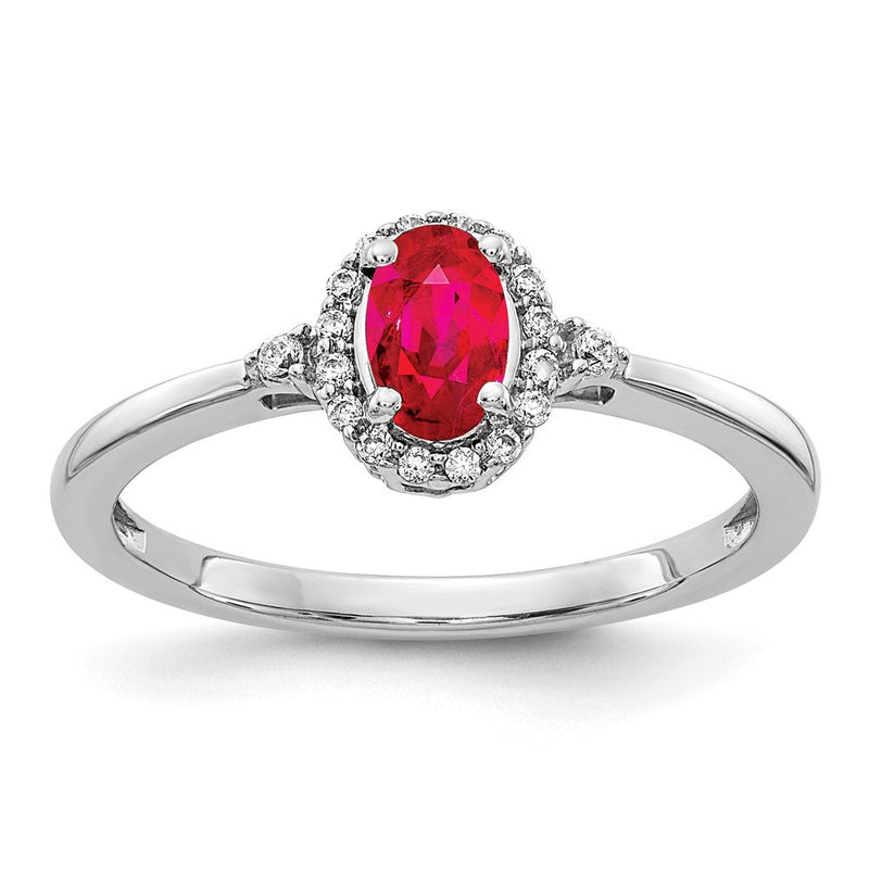 14K Weißgold Ring mit ovalem Rubin, echten Diamanten und Halo-Fassung