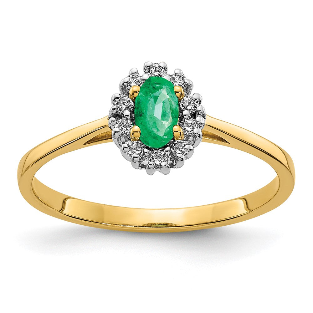 14K Gelbgold Ring mit echtem Diamant und ovalem Smaragd-Halo