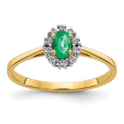 14K Gelbgold Ring mit echtem Diamant und ovalem Smaragd-Halo