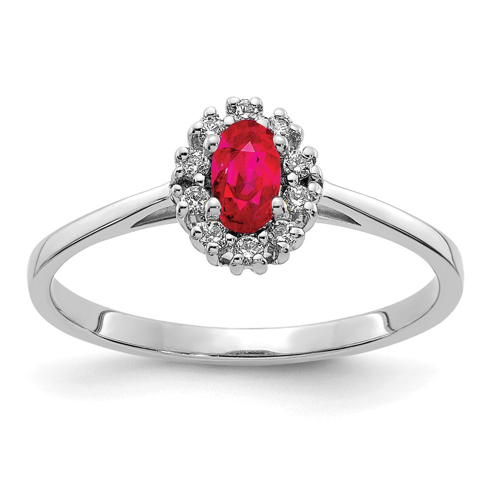 14K Weißgold Ring mit natürlichem Diamant und ovalem Rubin, Halo-Fassung