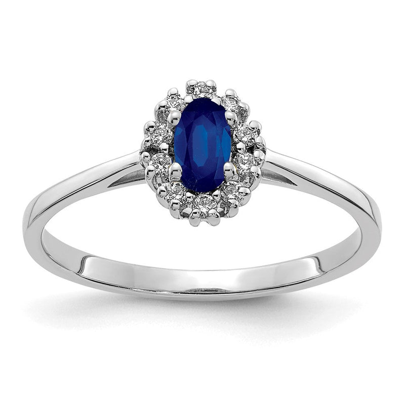 14K Weißgold Ring mit ovalem blauem Saphir und Diamant in Halo-Fassung