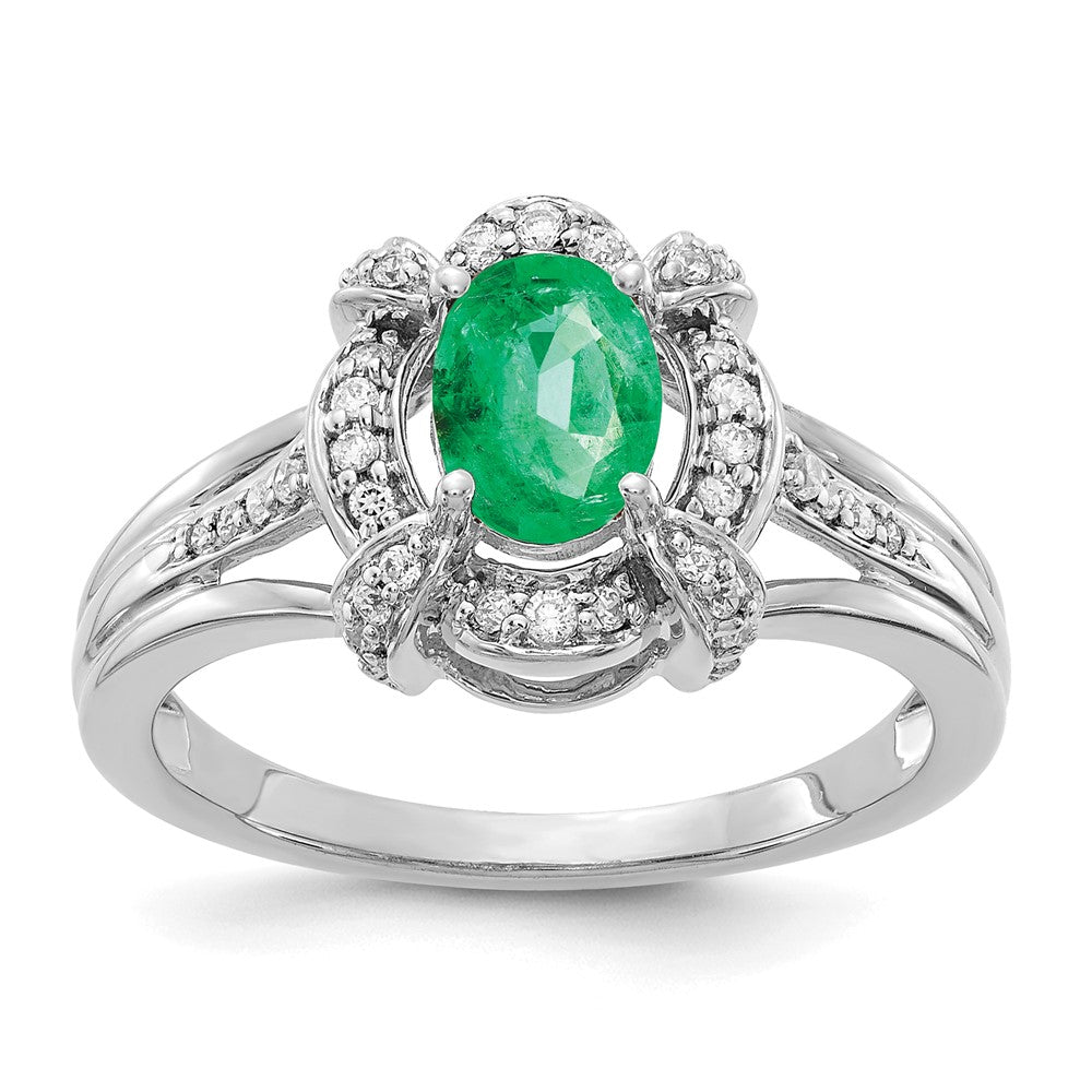 14K Weißgold Ring mit echten Diamanten und ovalem Smaragd