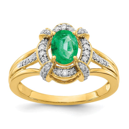 14K Gelbgold Ring mit echtem Diamant und ovalem Smaragd