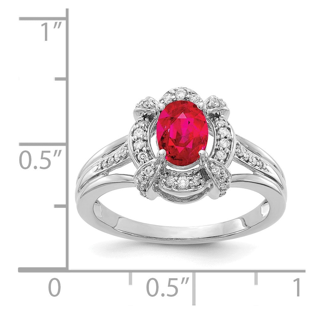 14K Weißgold Ring mit echtem Diamant und ovalem Rubin