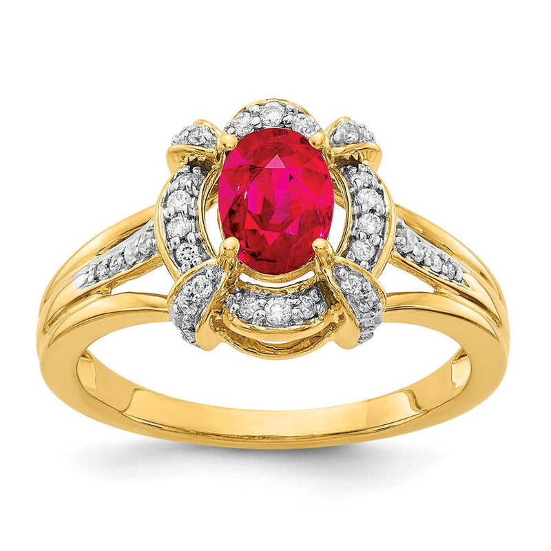 14K Gelbgold Ring mit natürlichen Diamanten und ovalem Rubin