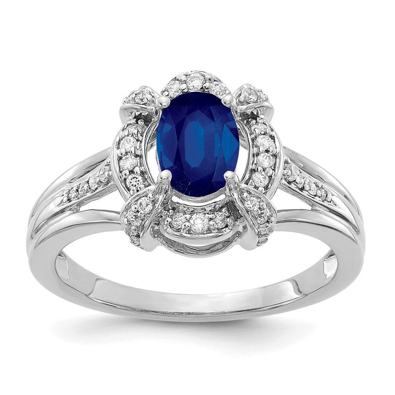 14K Weißgold Ring mit natürlichem ovalem blauem Saphir und Diamanten