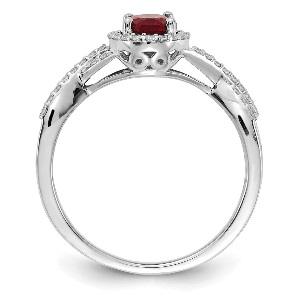 14K Weißgold Ring mit 0,2 ct. Laborgewachsenem Diamant VS/SI+ G+ und Laborgezüchtetem Rubin, Oval, Halo-Fassung
