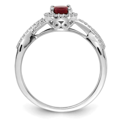 14K Weißgold Ring mit 0,2 ct. Laborgewachsenem Diamant VS/SI+ G+ und Laborgezüchtetem Rubin, Oval, Halo-Fassung