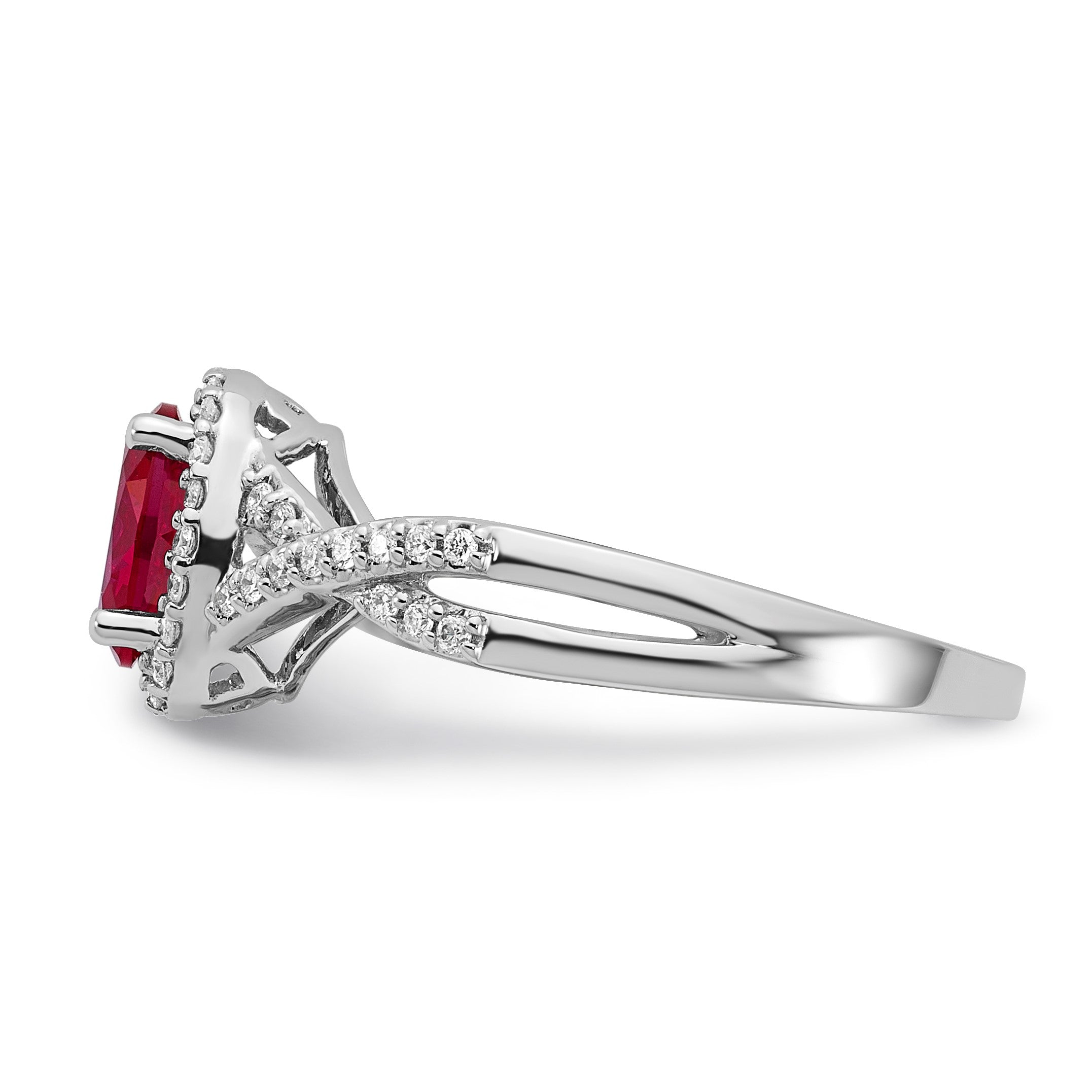 14K Weißgold Ring mit 0,2 ct. Laborgewachsenem Diamant VS/SI+ G+ und Laborgezüchtetem Rubin, Oval, Halo-Fassung