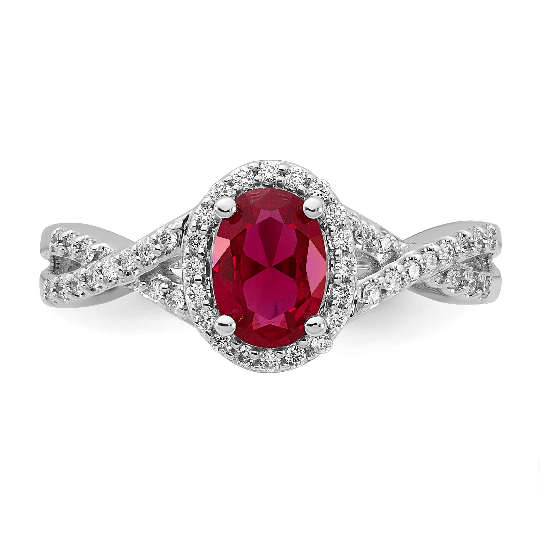14K Weißgold Ring mit 0,2 ct. Laborgewachsenem Diamant VS/SI+ G+ und Laborgezüchtetem Rubin, Oval, Halo-Fassung