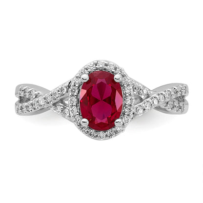 14K Weißgold Ring mit 0,2 ct. Laborgewachsenem Diamant VS/SI+ G+ und Laborgezüchtetem Rubin, Oval, Halo-Fassung