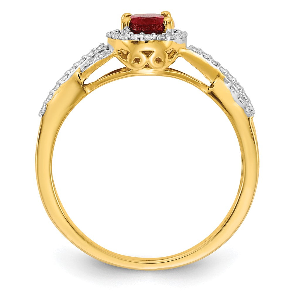 14K Gelbgold Ring mit 0,2 ct. Labor-Diamant VS/SI+ G+ und synthetischem Rubin, Oval-Halo-Fassung