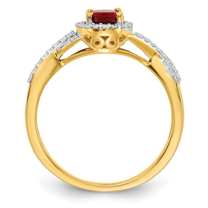 14K Gelbgold Ring mit 0,2 ct. Labor-Diamant VS/SI+ G+ und synthetischem Rubin, Oval-Halo-Fassung