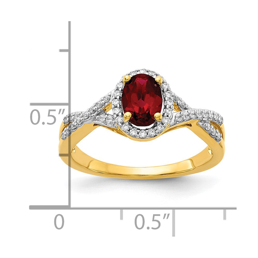 14K Gelbgold Ring mit 0,2 ct. Labor-Diamant VS/SI+ G+ und synthetischem Rubin, Oval-Halo-Fassung