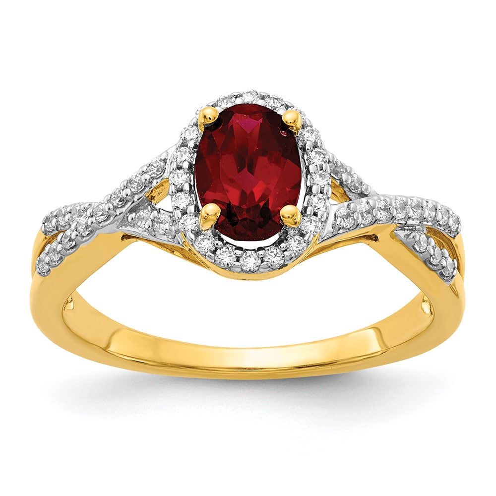 14K Gelbgold Ring mit 0,2 ct. Labor-Diamant VS/SI+ G+ und synthetischem Rubin, Oval-Halo-Fassung